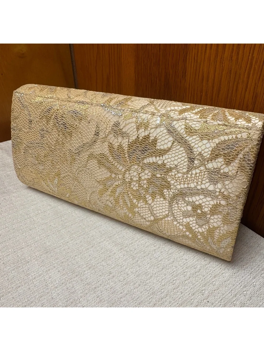 Vintage Gold Metallic Lace Evening Clutch Purse Chain Strap Formal Handbag